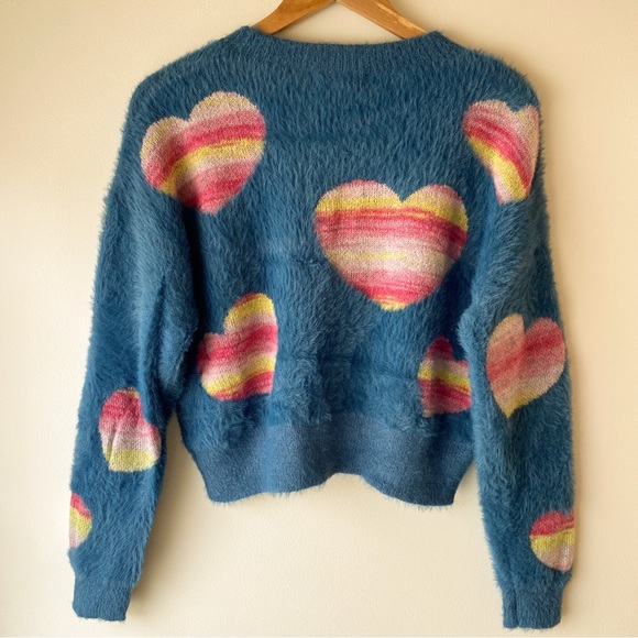 Just In// Fuzzy Heart Rainbow Sweater - Denim Blue - Picture 7 of 12